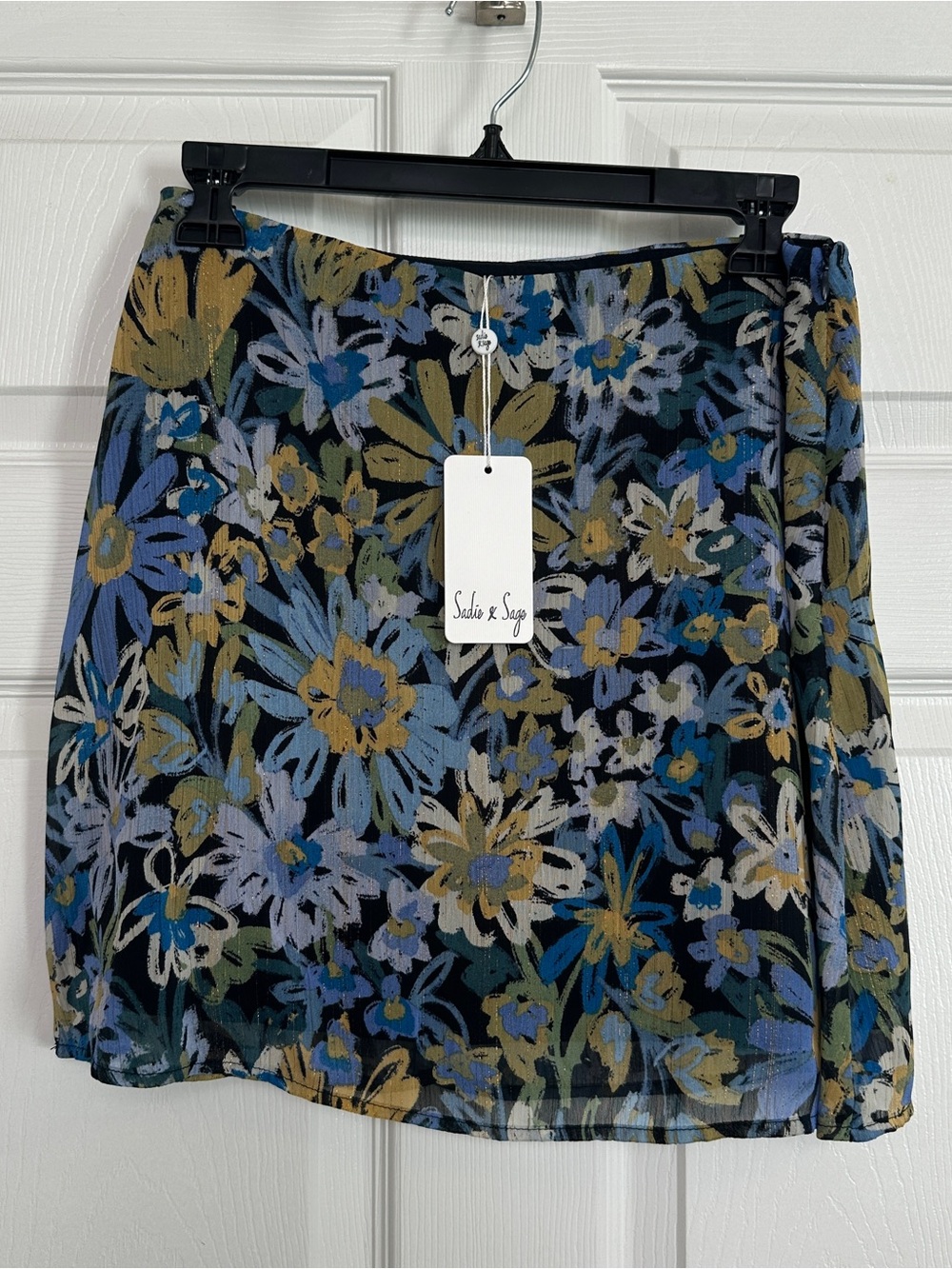 Sadie & Sage Black Floral Mini Skirt with Blue and Olive Accents